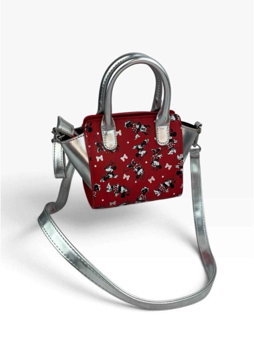 -Disney Minnie Mouse Sm Purse Red Silver Detachable Crossbody Strap Disneyland